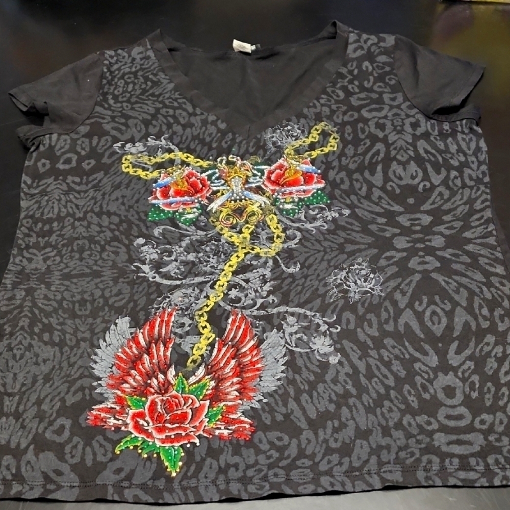 Embellished Black Graphic Women's Top Sz 2X